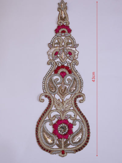 Zardozi Kalash Applique Patch: Indian Embroidered Pearl Embellishment (43x14cm)