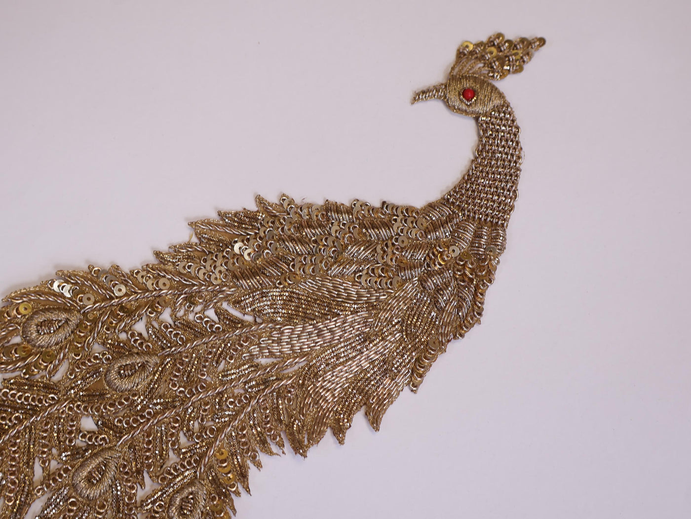 Zardozi Peacock Applique Patch: Antique Gold Indian Embroidery, 43cm