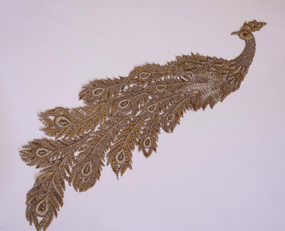 Zardozi Peacock Applique Patch: Antique Gold Indian Embroidery, 43cm