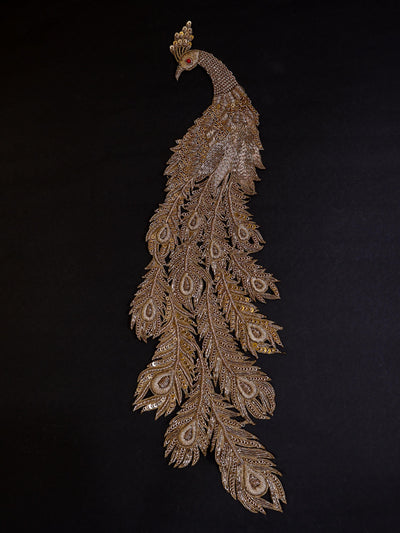 Zardozi Peacock Applique Patch: Antique Gold Indian Embroidery, 43cm
