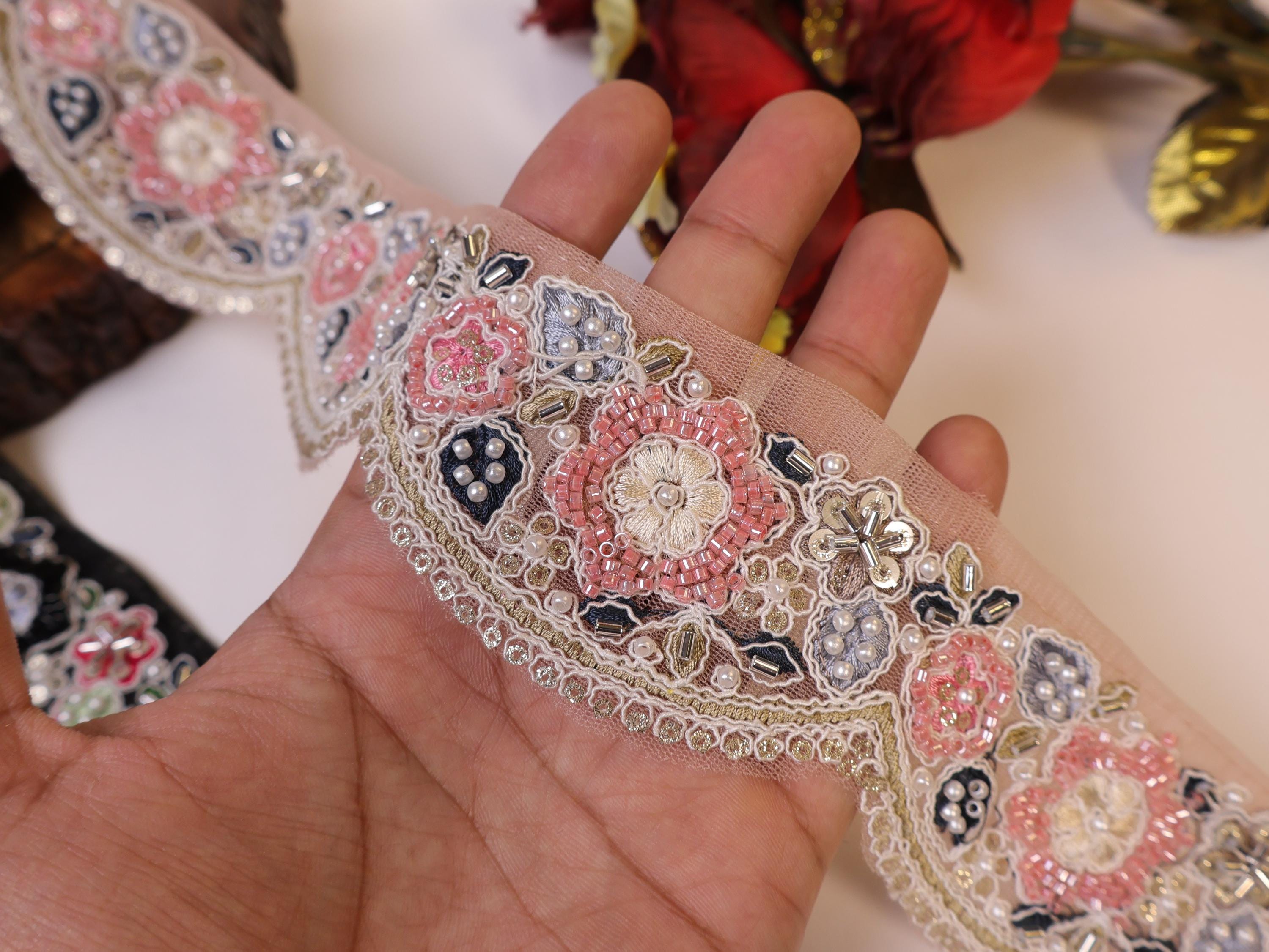 Floral Beaded Embroidered Lace: Light Pink/Black Indian Trim, 6cm Wide - 3 Yards