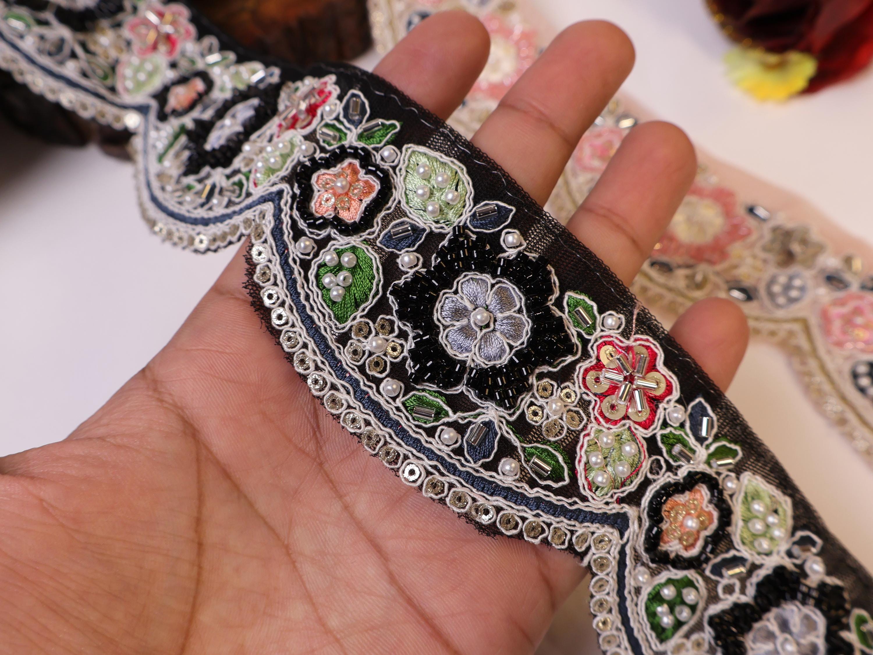 Floral Beaded Embroidered Lace: Light Pink/Black Indian Trim, 6cm Wide - 3 Yards