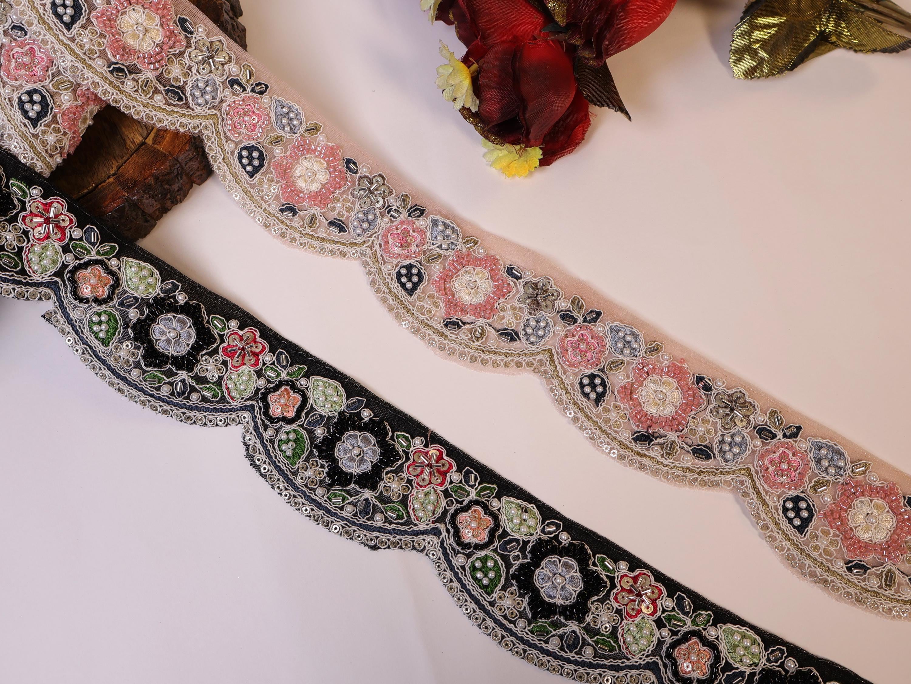 Floral Beaded Embroidered Lace: Light Pink/Black Indian Trim, 6cm Wide - 3 Yards