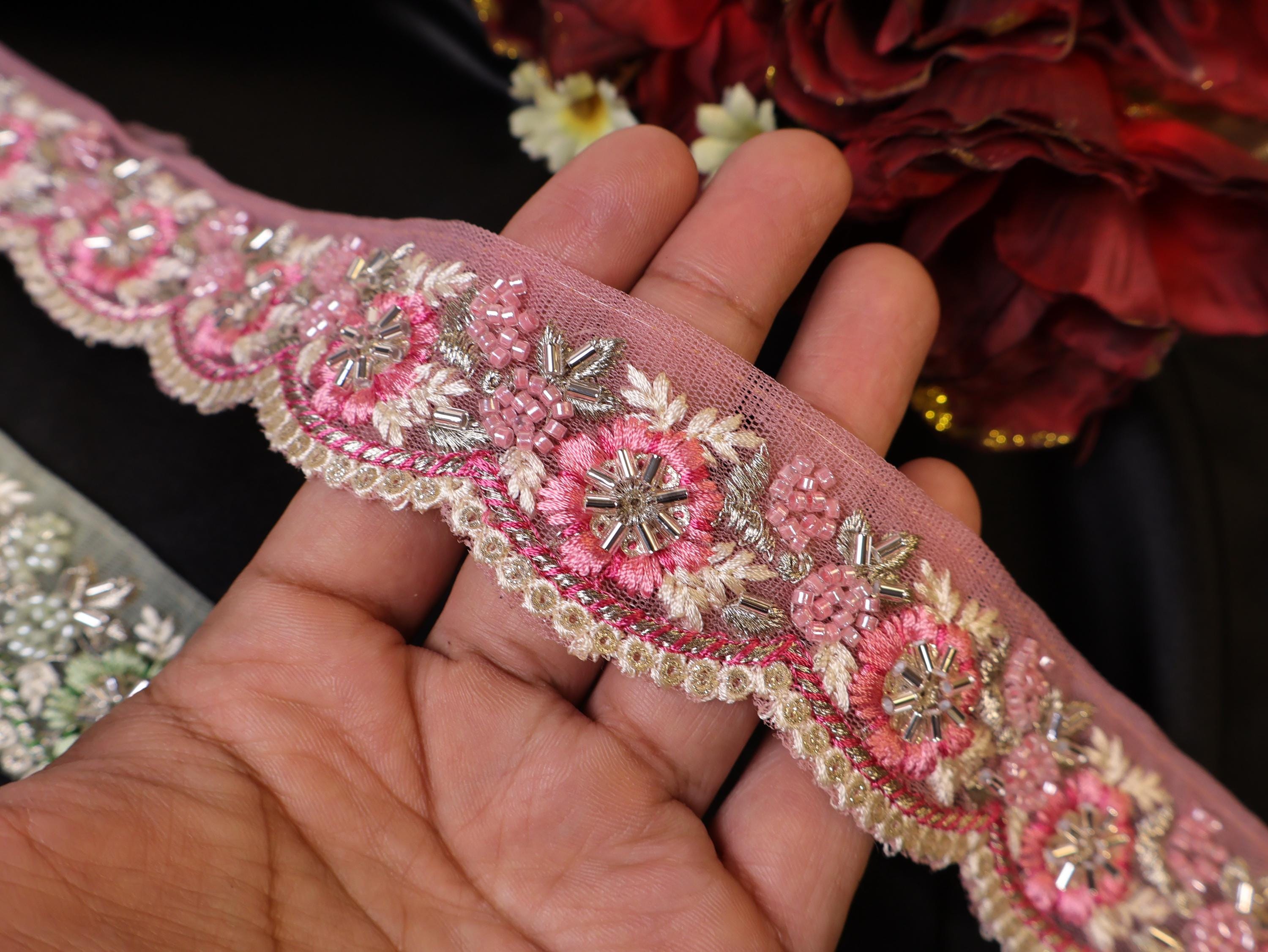 Floral Beaded Embroidered Lace: Pink & Green Indian Trim, 3 Yards