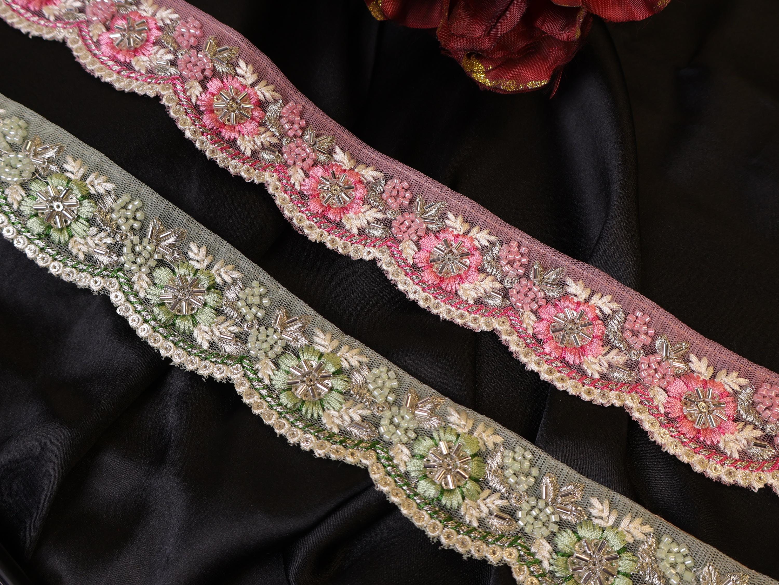 Floral Beaded Embroidered Lace: Pink & Green Indian Trim, 3 Yards