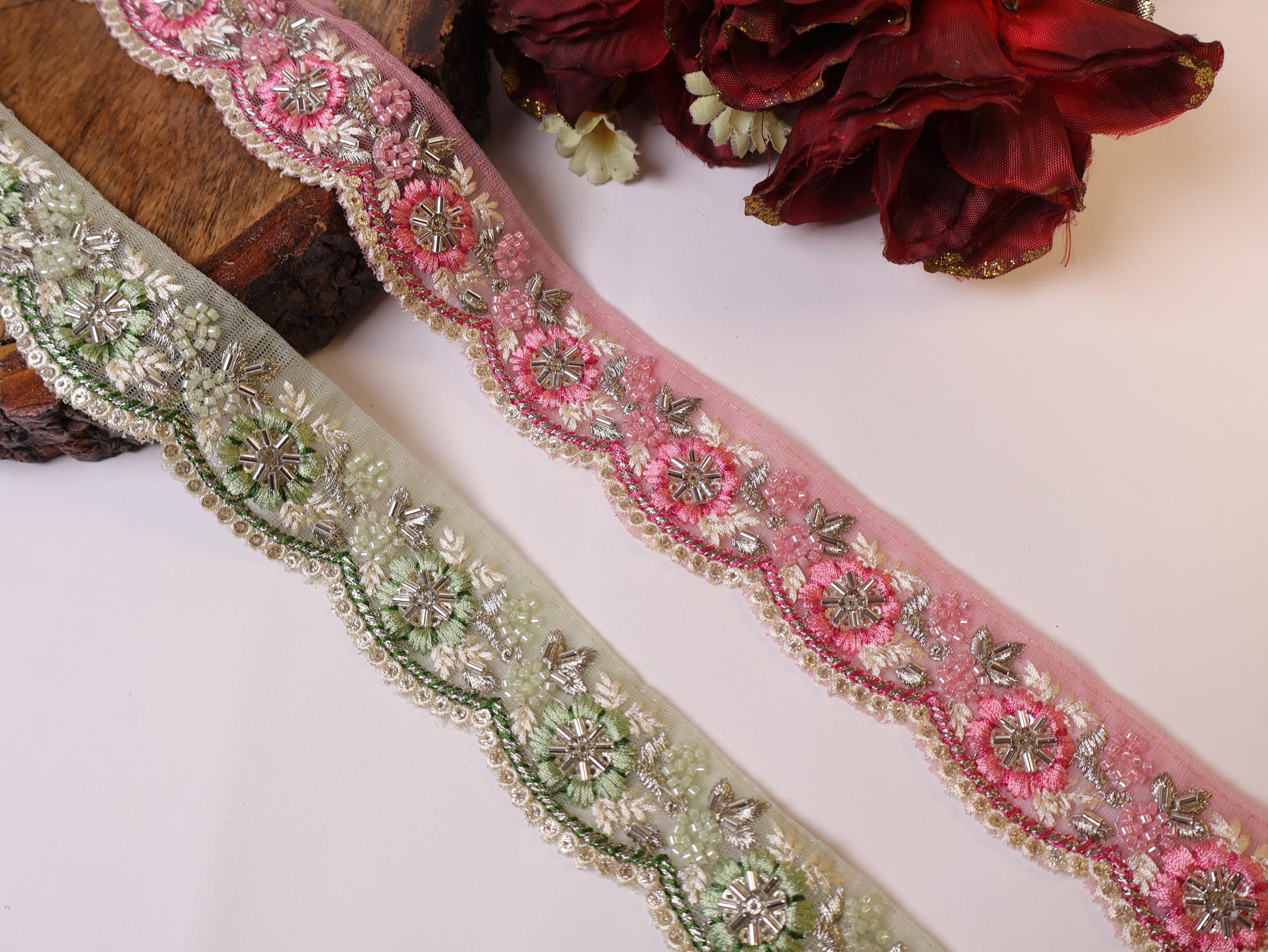Floral Beaded Embroidered Lace: Pink & Green Indian Trim, 3 Yards
