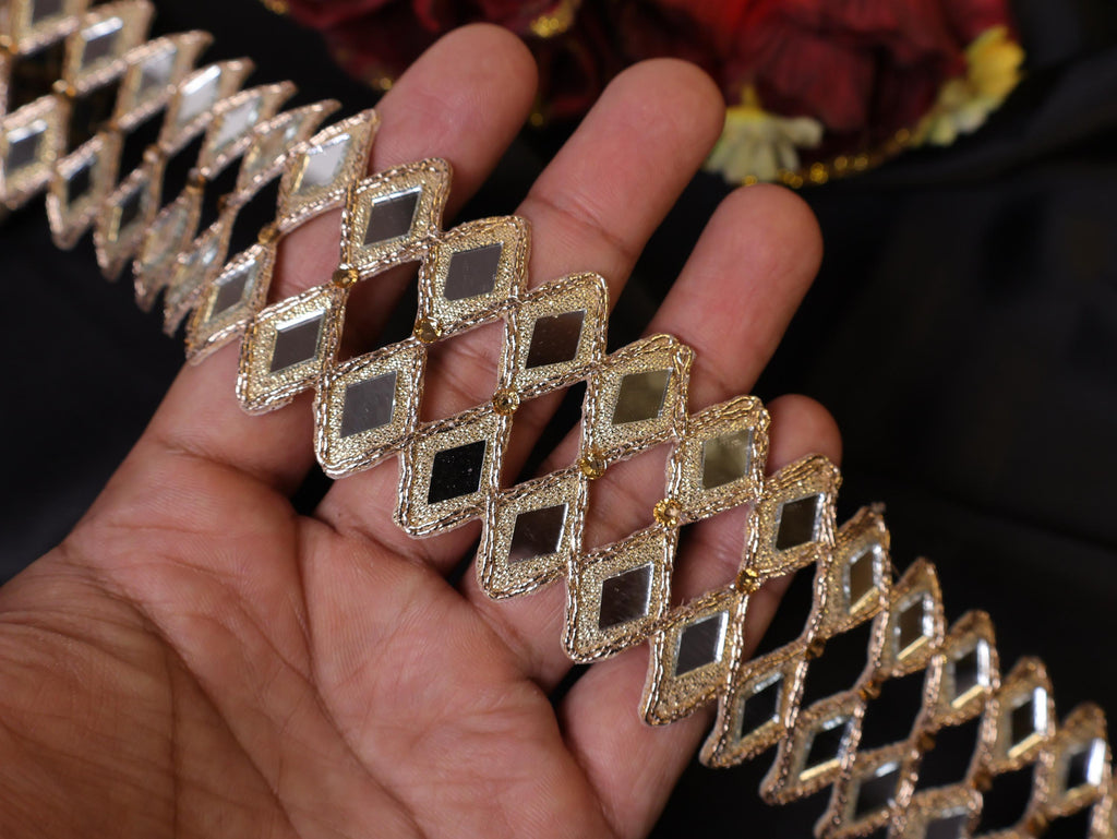 Rose Gold Mirror Cutwork Sari Trim: Indian Vine Lace, 4cm Wide