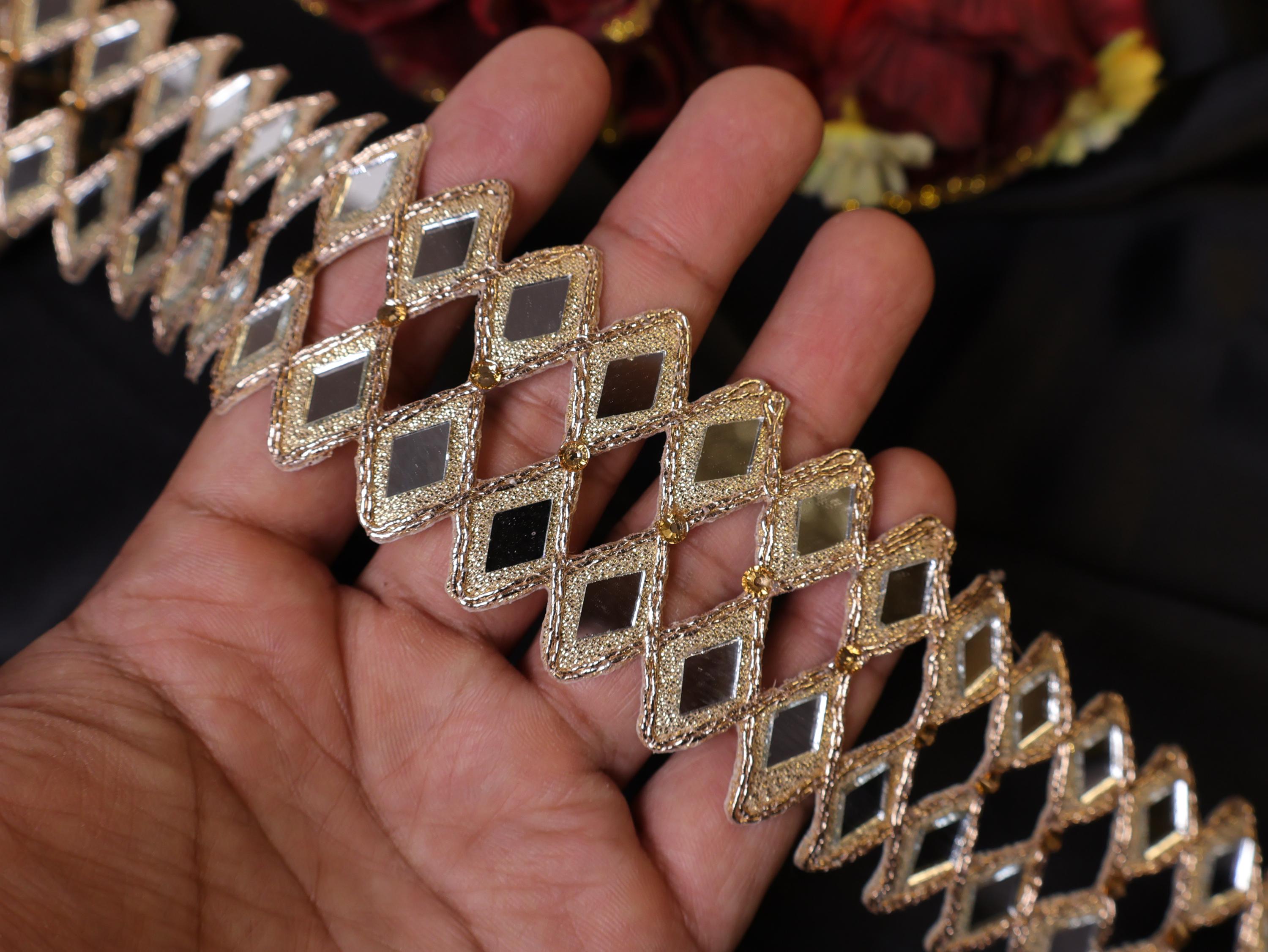 Rose Gold Mirror Cutwork Sari Trim: Indian Vine Lace, 4cm Wide
