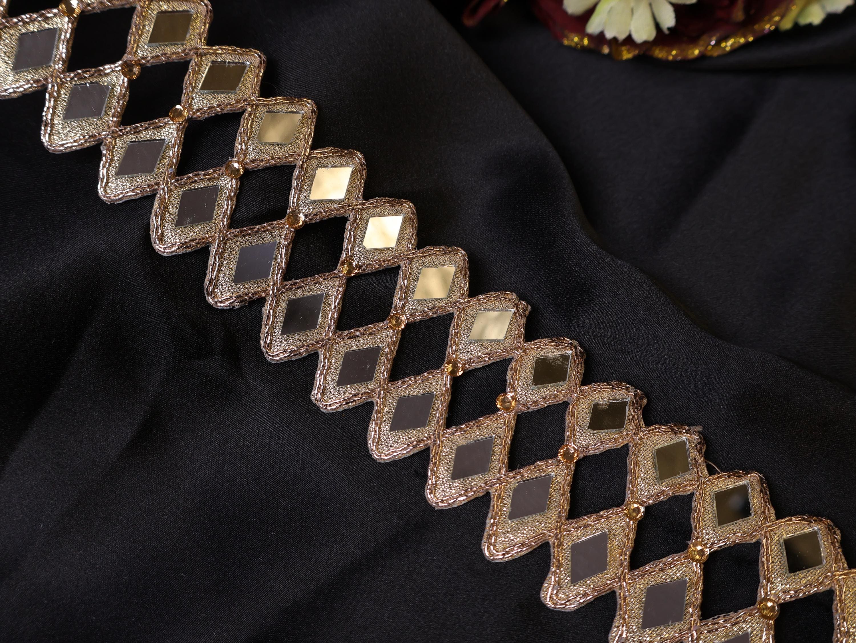 Rose Gold Mirror Cutwork Sari Trim: Indian Vine Lace, 4cm Wide