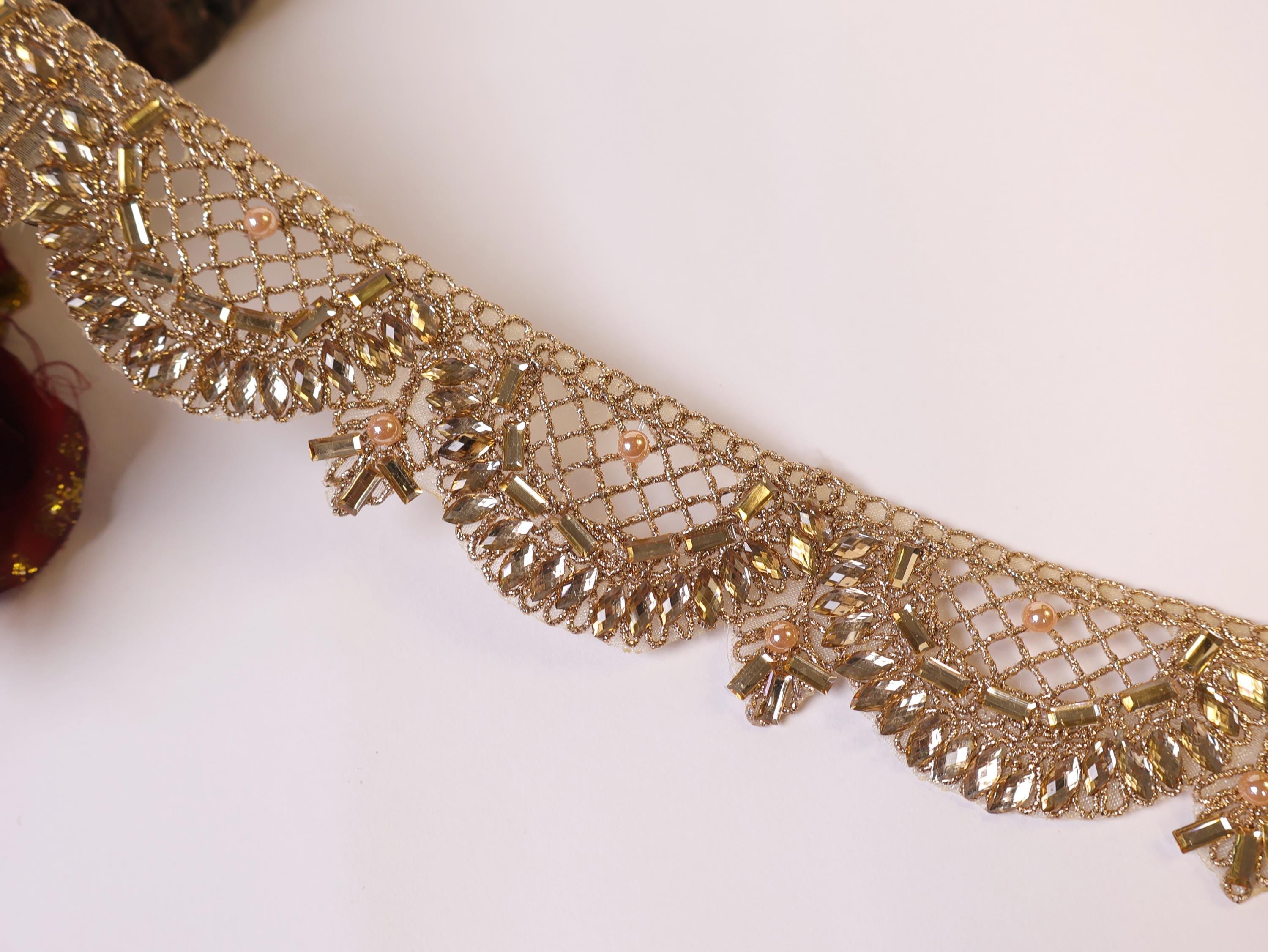 Champagne Gold Rhinestone Kundan Jali Trim: Indian Sari Embellishment