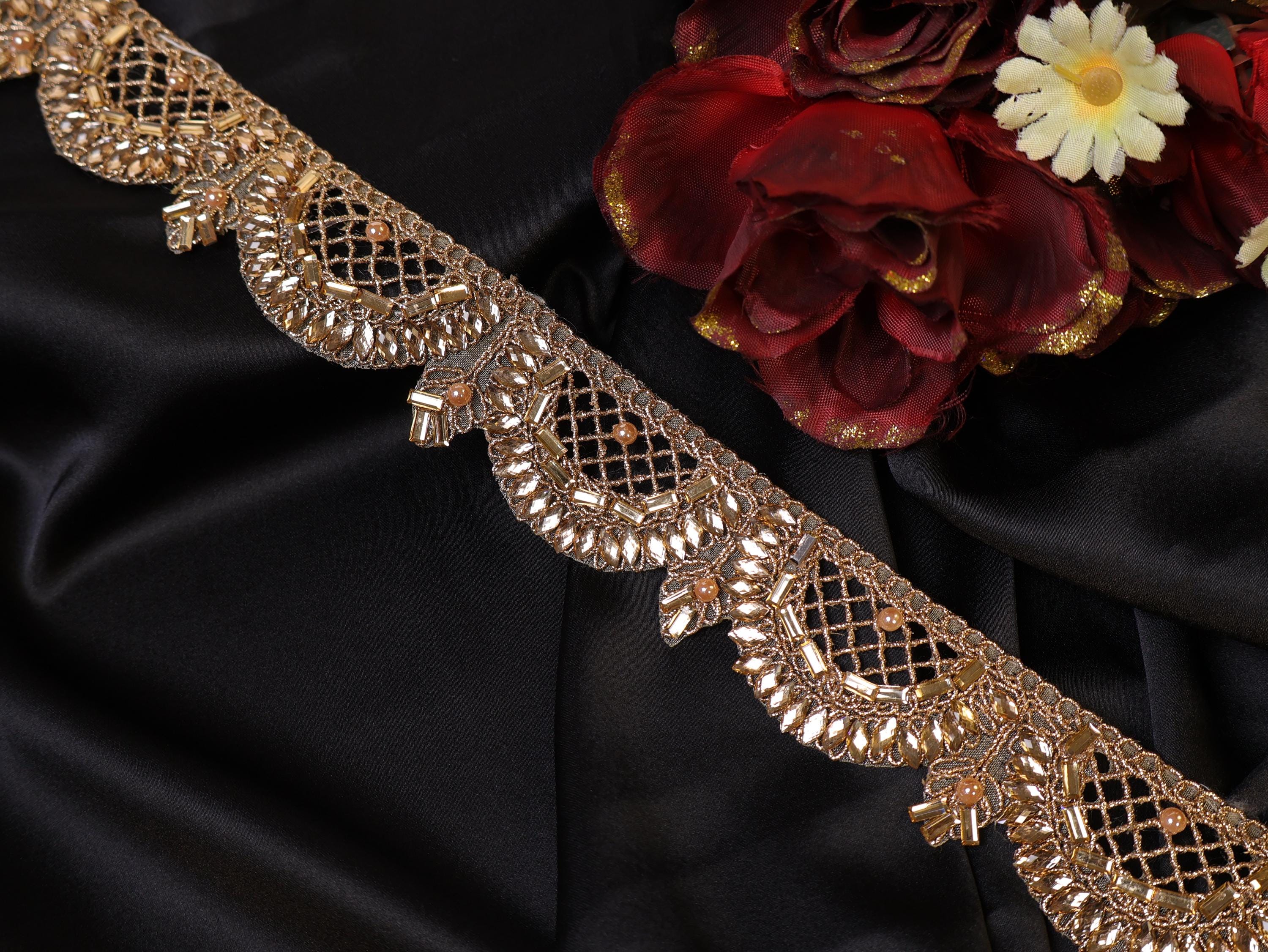 Champagne Gold Rhinestone Kundan Jali Trim: Indian Sari Embellishment