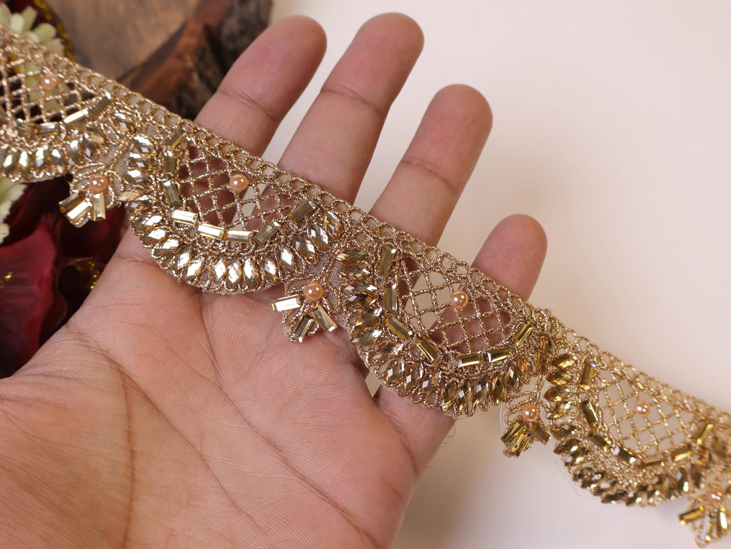 Champagne Gold Rhinestone Kundan Jali Trim: Indian Sari Embellishment