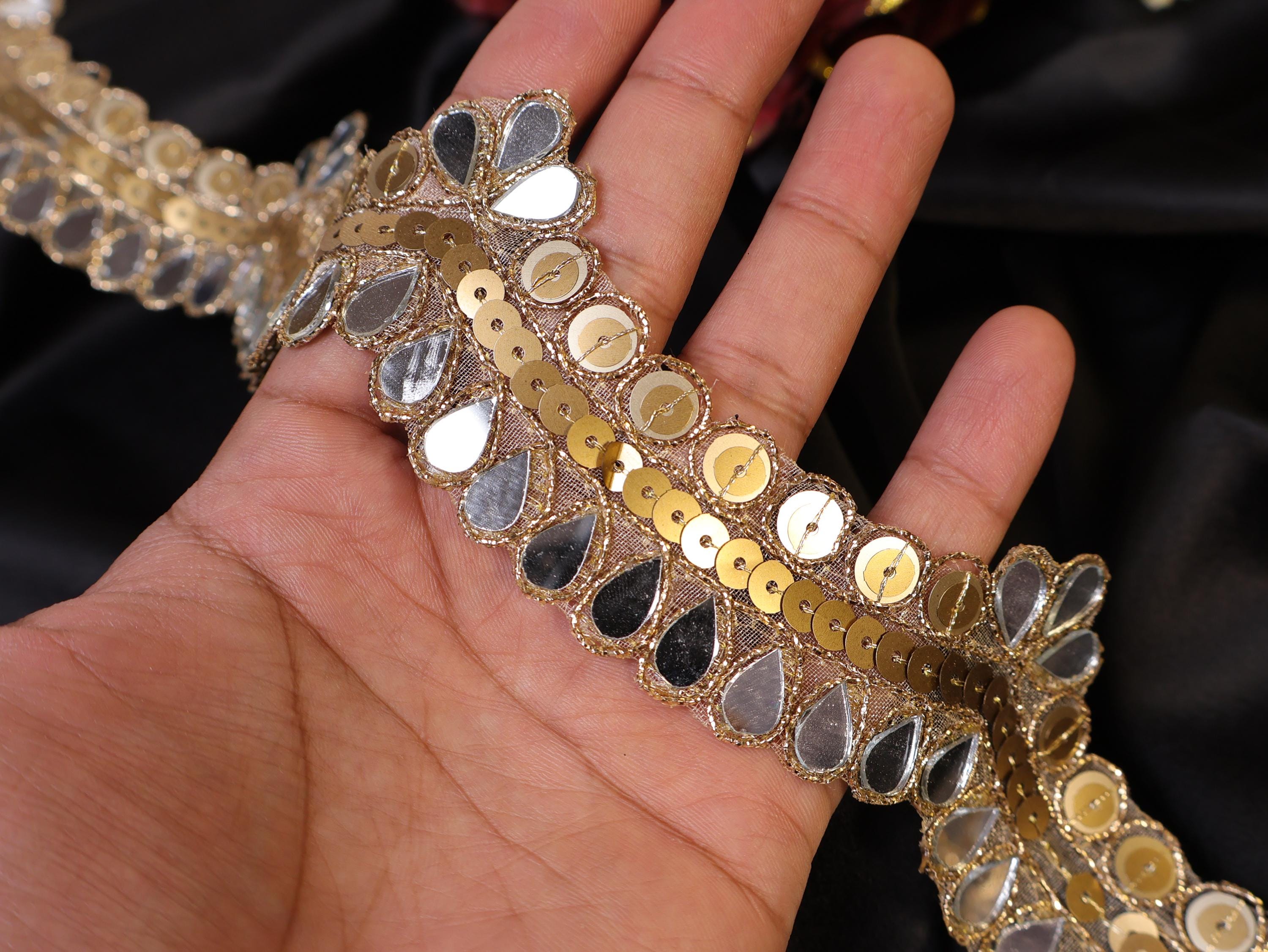 Antique Gold Mirrorwork Trim: Scalloped Sequin Lace, 3.5cm Wide