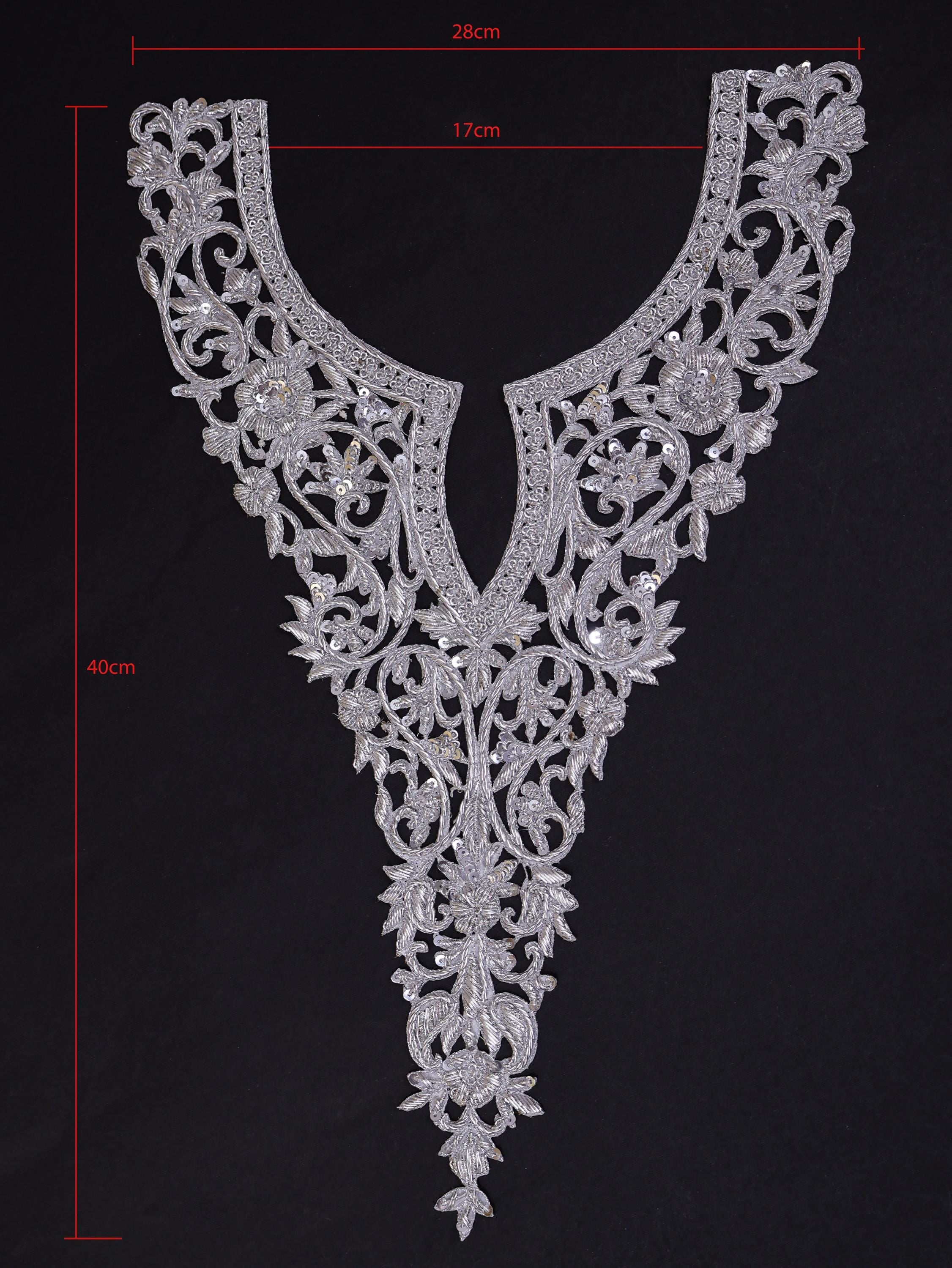 Metallic Silver Zardozi Embroidered Neckline Patch with Sleeves