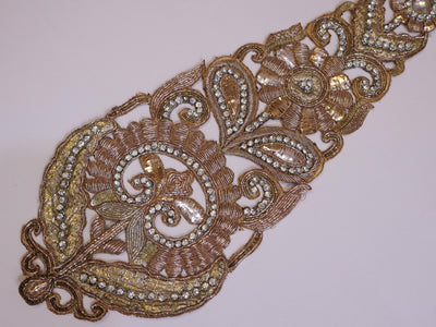 Zardozi Kalash Patch: Indian Embroidered Pearl Applique (40x14cm)