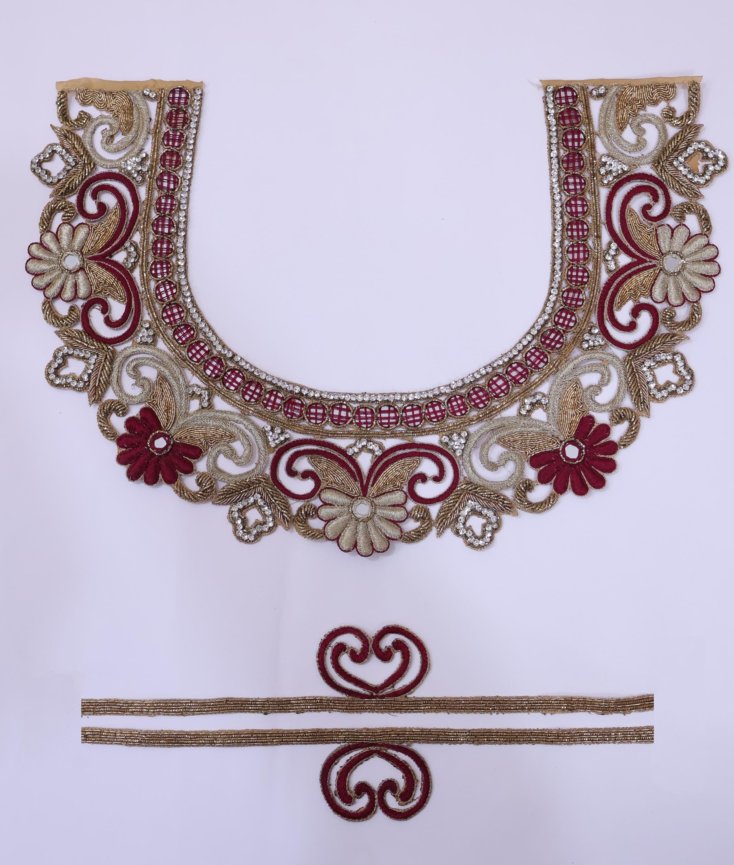 Maroon & Golden Embroidered Neckline Patch with Sleeves: Indian Applique