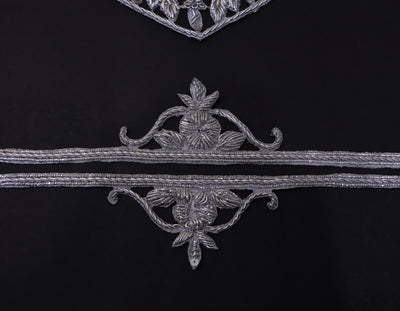Zardozi Embroidered Neckline Patch with Sleeves: Metallic Silver Indian Applique