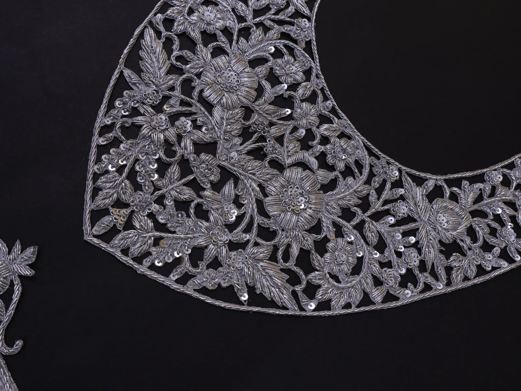 Zardozi Embroidered Neckline Patch with Sleeves: Metallic Silver Indian Applique