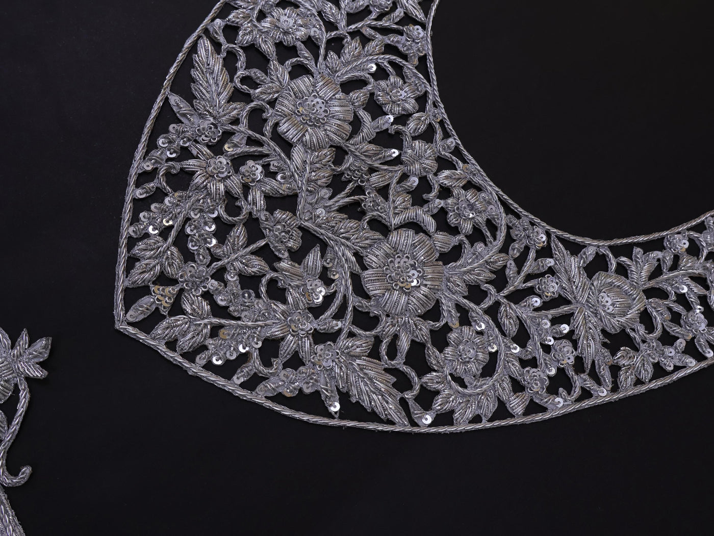 Zardozi Embroidered Neckline Patch with Sleeves: Metallic Silver Indian Applique