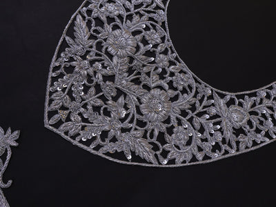 Zardozi Embroidered Neckline Patch with Sleeves: Metallic Silver Indian Applique