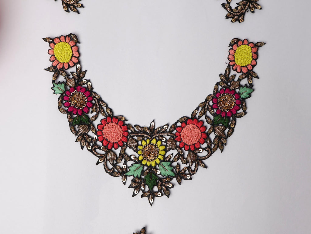 Floral Embroidered Neckline Patch Set: Indian Threadwork Appliqué