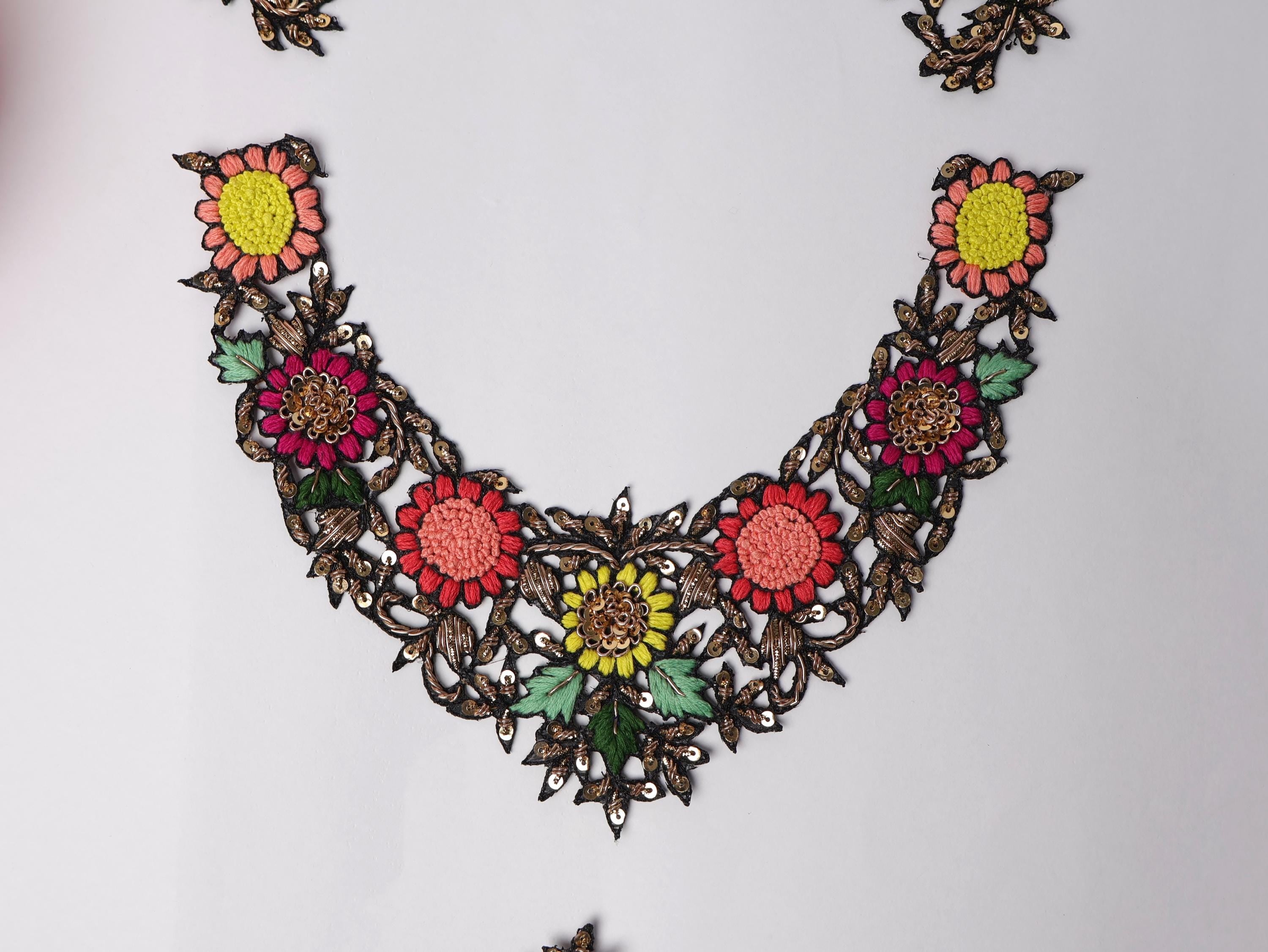 Floral Embroidered Neckline Patch Set: Indian Threadwork Appliqué