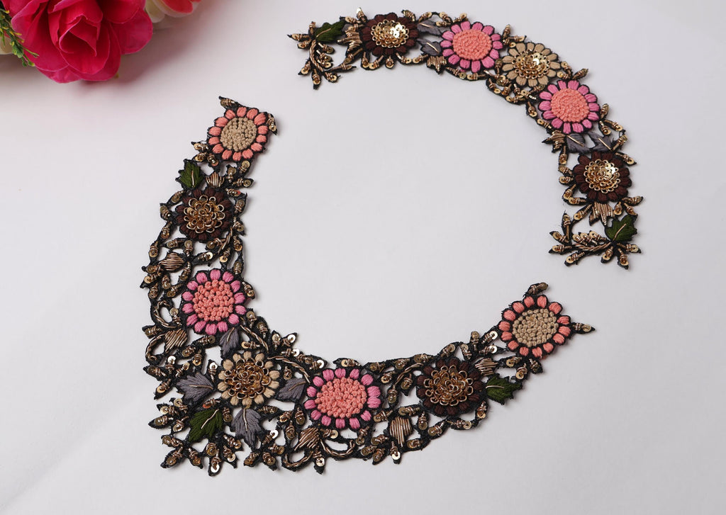 Floral Embroidered Neckline Patch Set: Indian Threadwork Appliqué