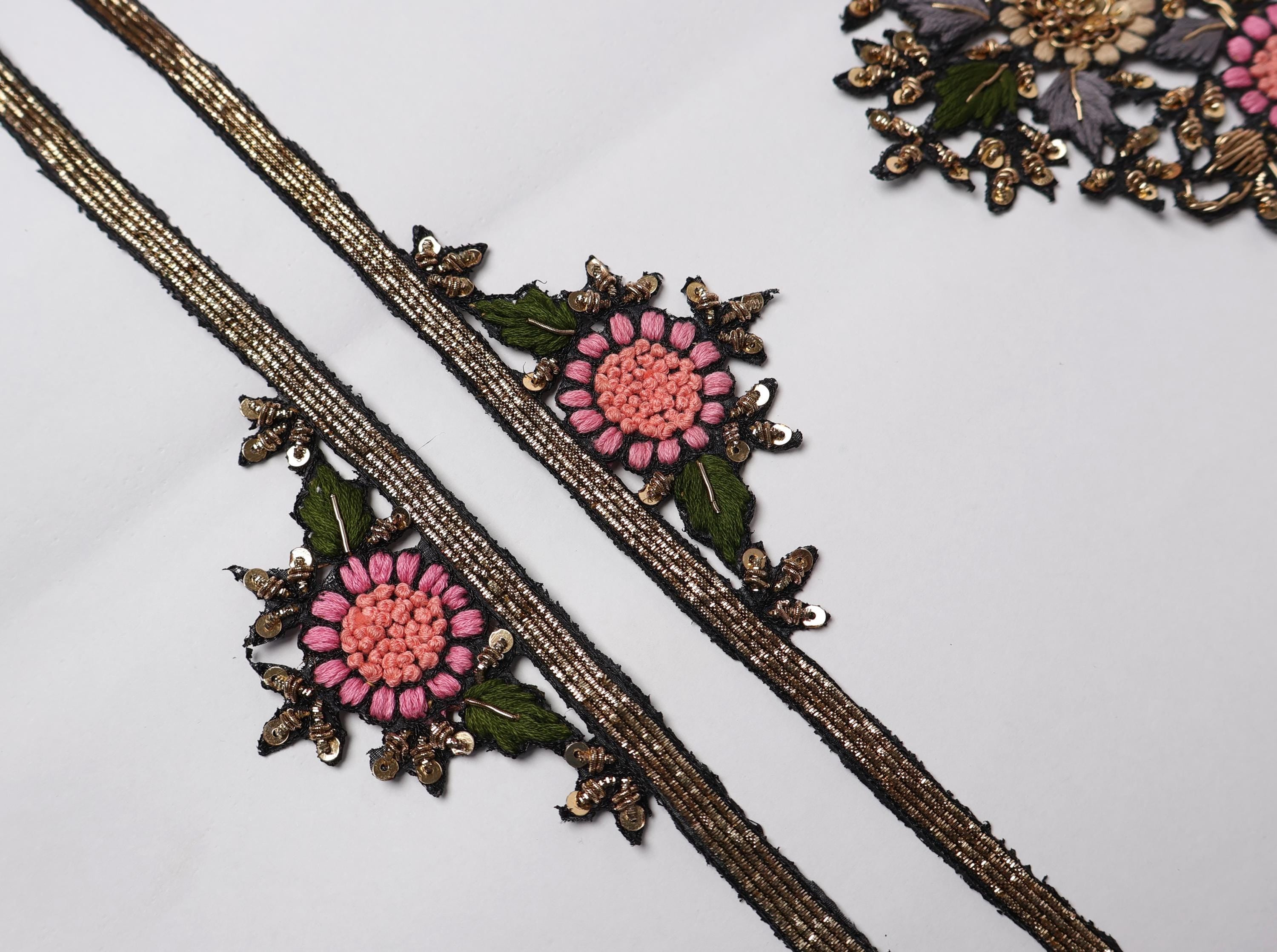 Floral Embroidered Neckline Patch Set: Indian Threadwork Appliqué
