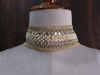 Pearl & Mirror Bohemian Choker: Handmade Ethnic Wedding Collar
