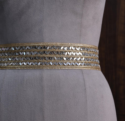 Gilded Bloom Gold Linear Mirror Embellished Waist Belt, Ethnic Statement Jewelry
