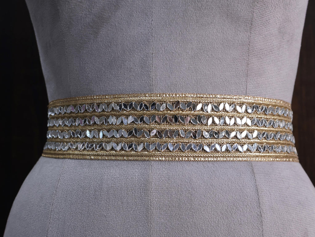 Gilded Bloom Gold Linear Mirror Embellished Waist Belt, Ethnic Statement Jewelry