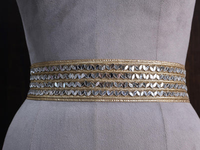 Gilded Bloom Gold Linear Mirror Embellished Waist Belt, Ethnic Statement Jewelry