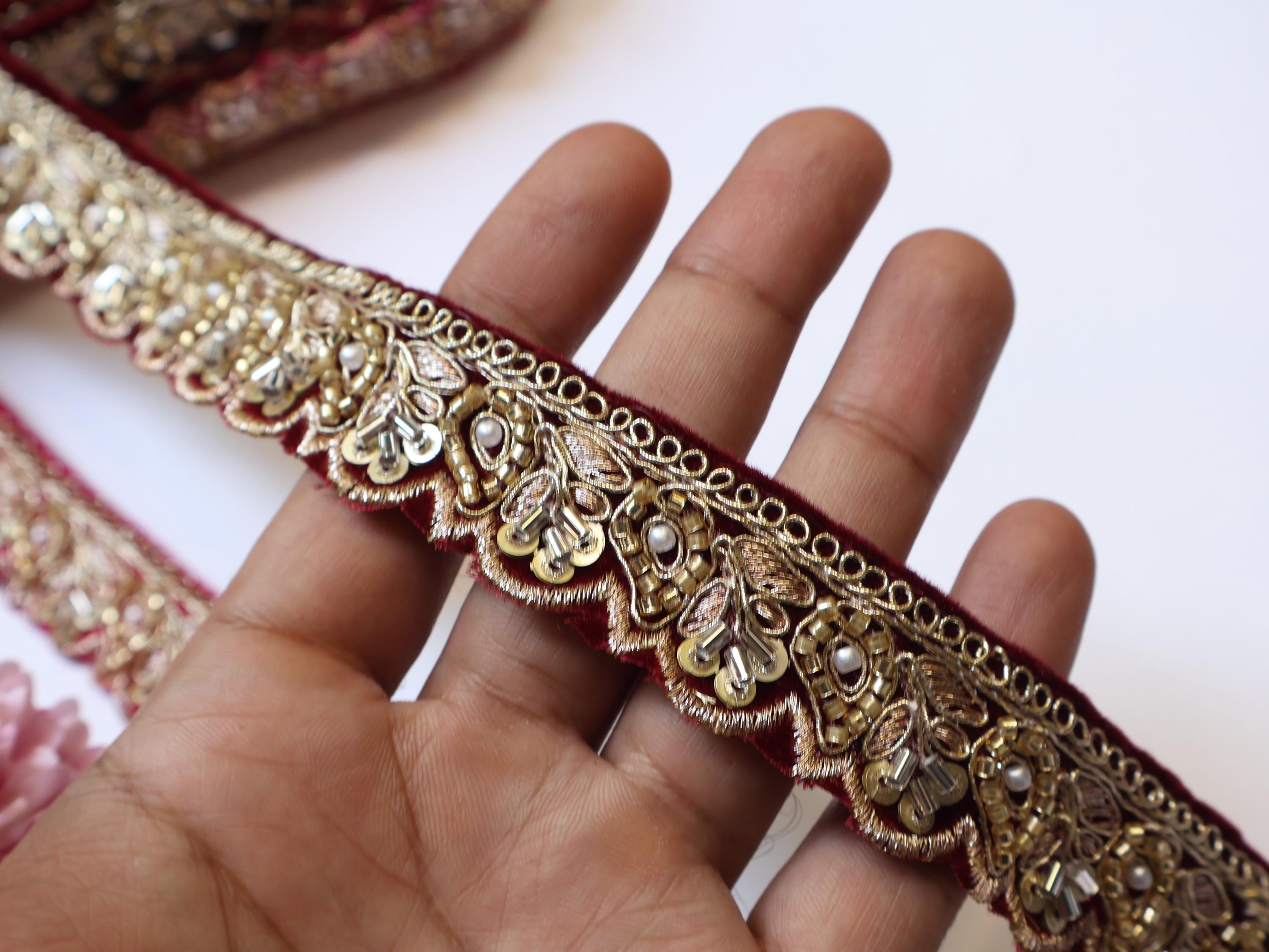 Velvet Beadswork Trim Lace: Maroon Magenta Indian Sari Border, 9 Yards