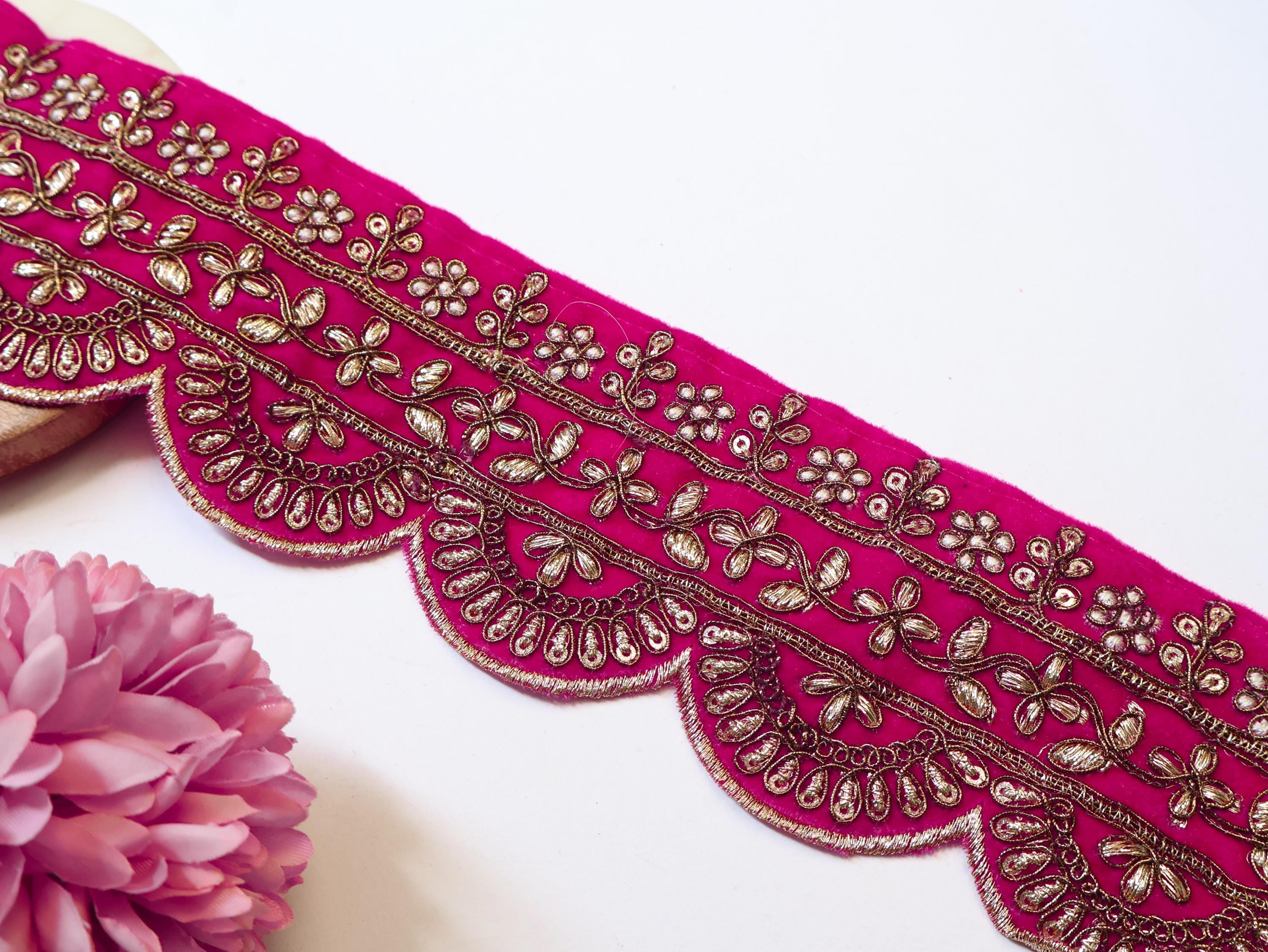 Magenta Velvet Zari Embroidered Lace: Scalloped Sari Border Trim