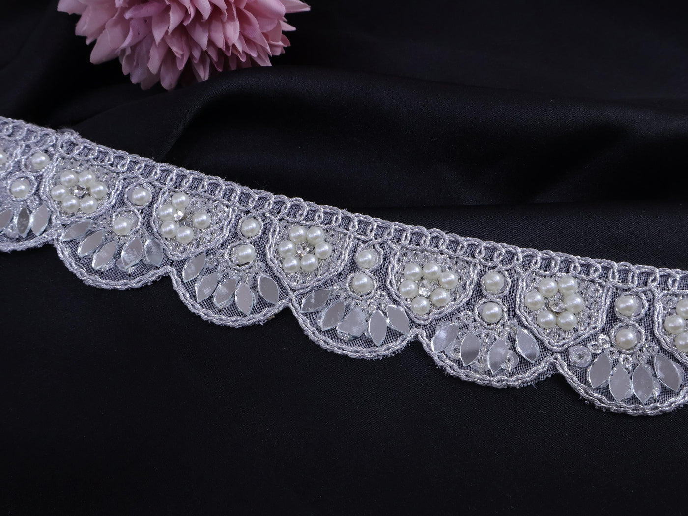 Silver Scalloped Sari Border Lace: Pearl & Mirror Embellished, 1.5" Wide