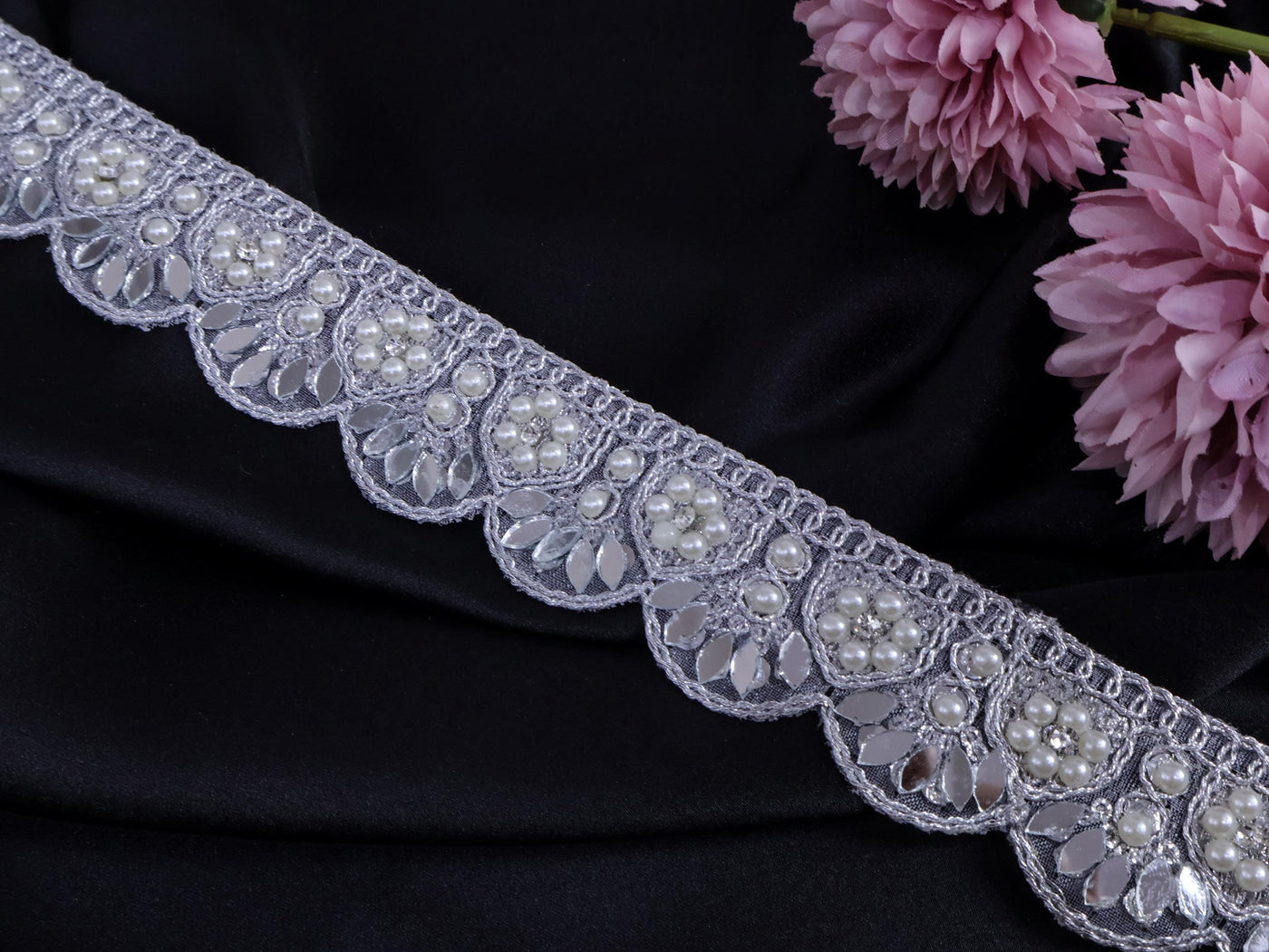 Silver Scalloped Sari Border Lace: Pearl & Mirror Embellished, 1.5" Wide