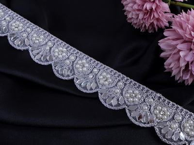 Silver Scalloped Sari Border Lace: Pearl & Mirror Embellished, 1.5" Wide