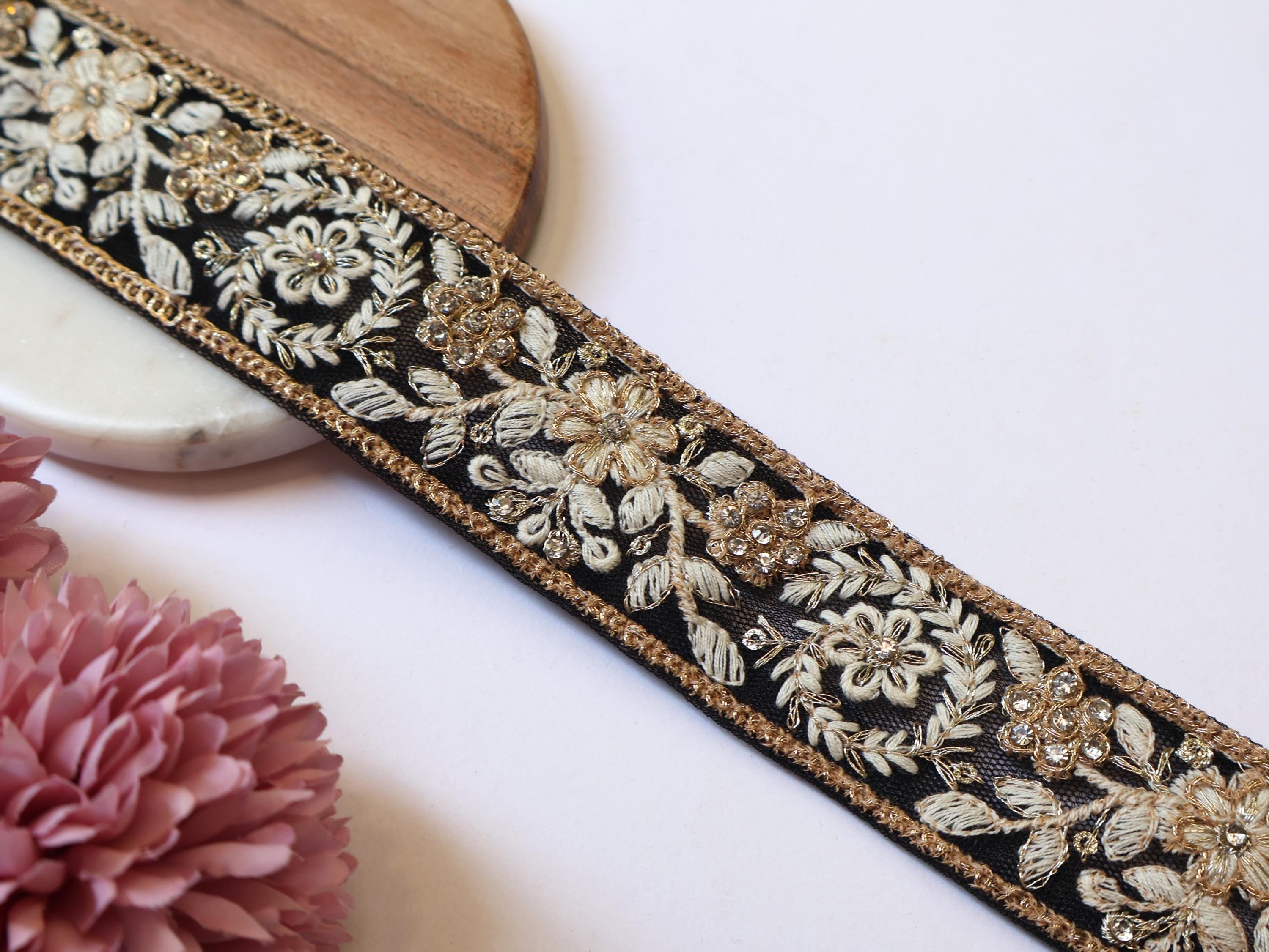 Floral Sari Trim: Black & Creme Threadwork Embroidered Lace - 9 Yards