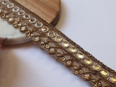 Zari Embroidered Sari Border Trim: Brown & Gold Faux Mirror Lace