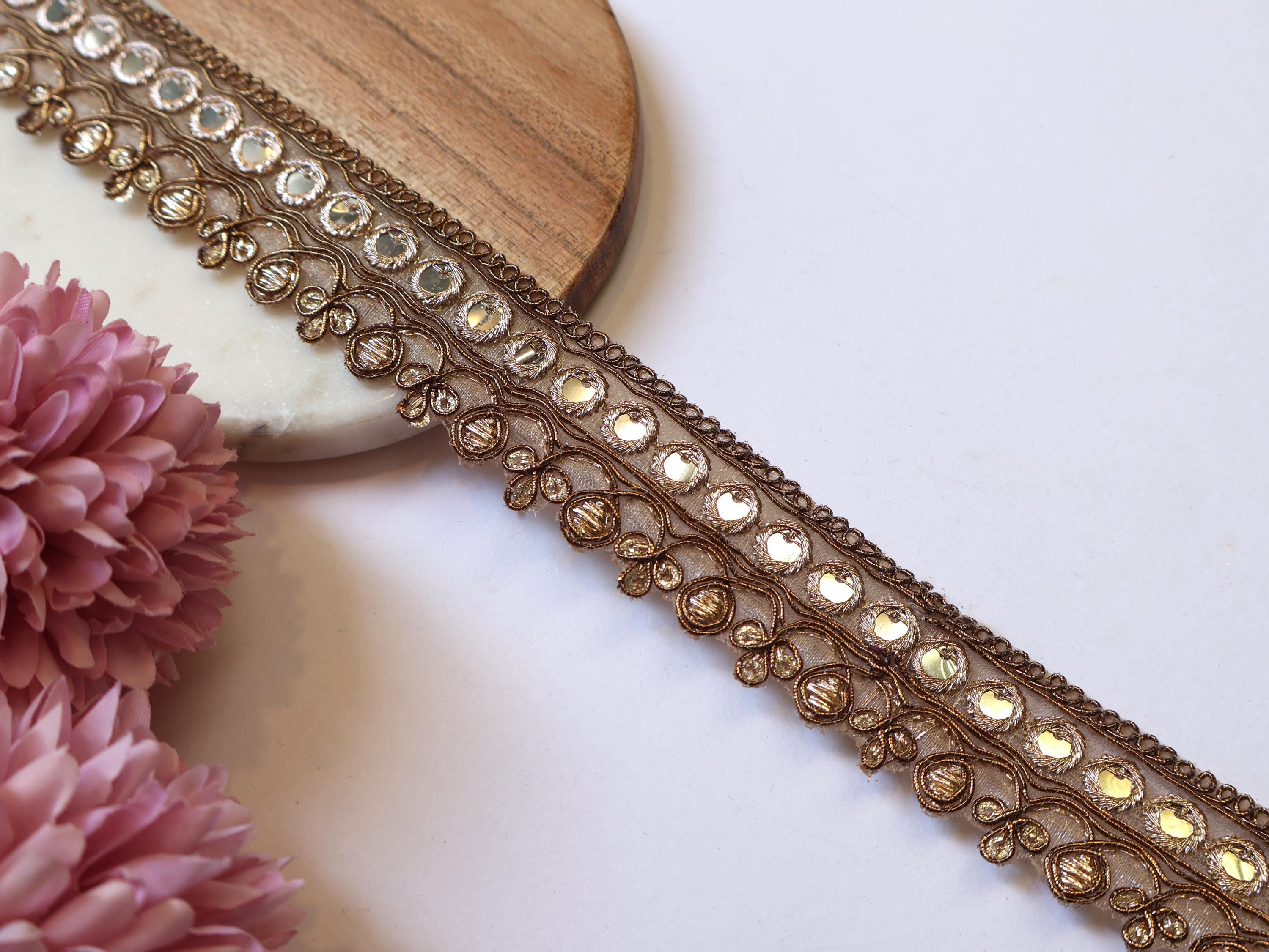 Zari Embroidered Sari Border Trim: Brown & Gold Faux Mirror Lace