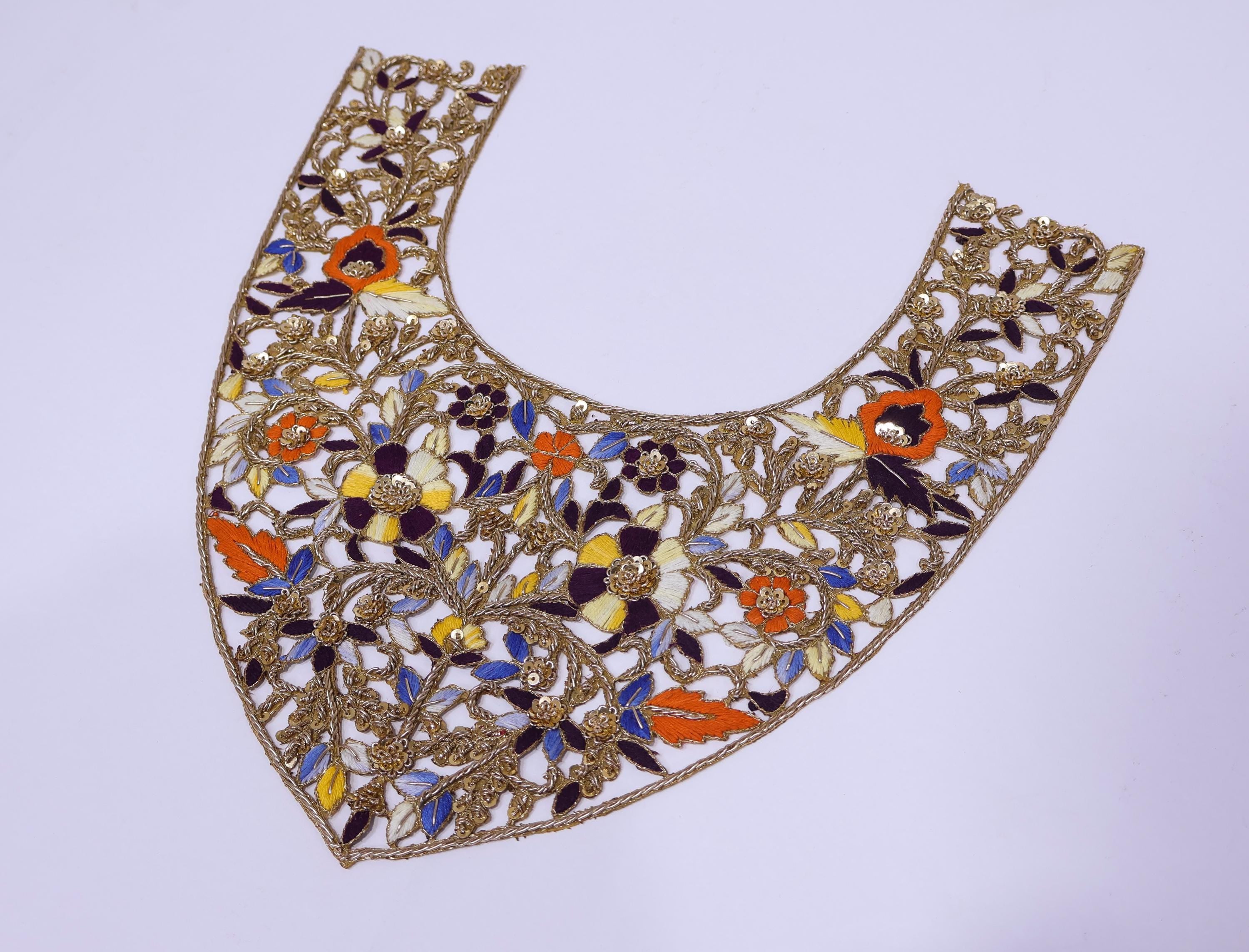 Floral Zardozi Embroidered Neckline Patch with Sleeves: Antique Gold Applique