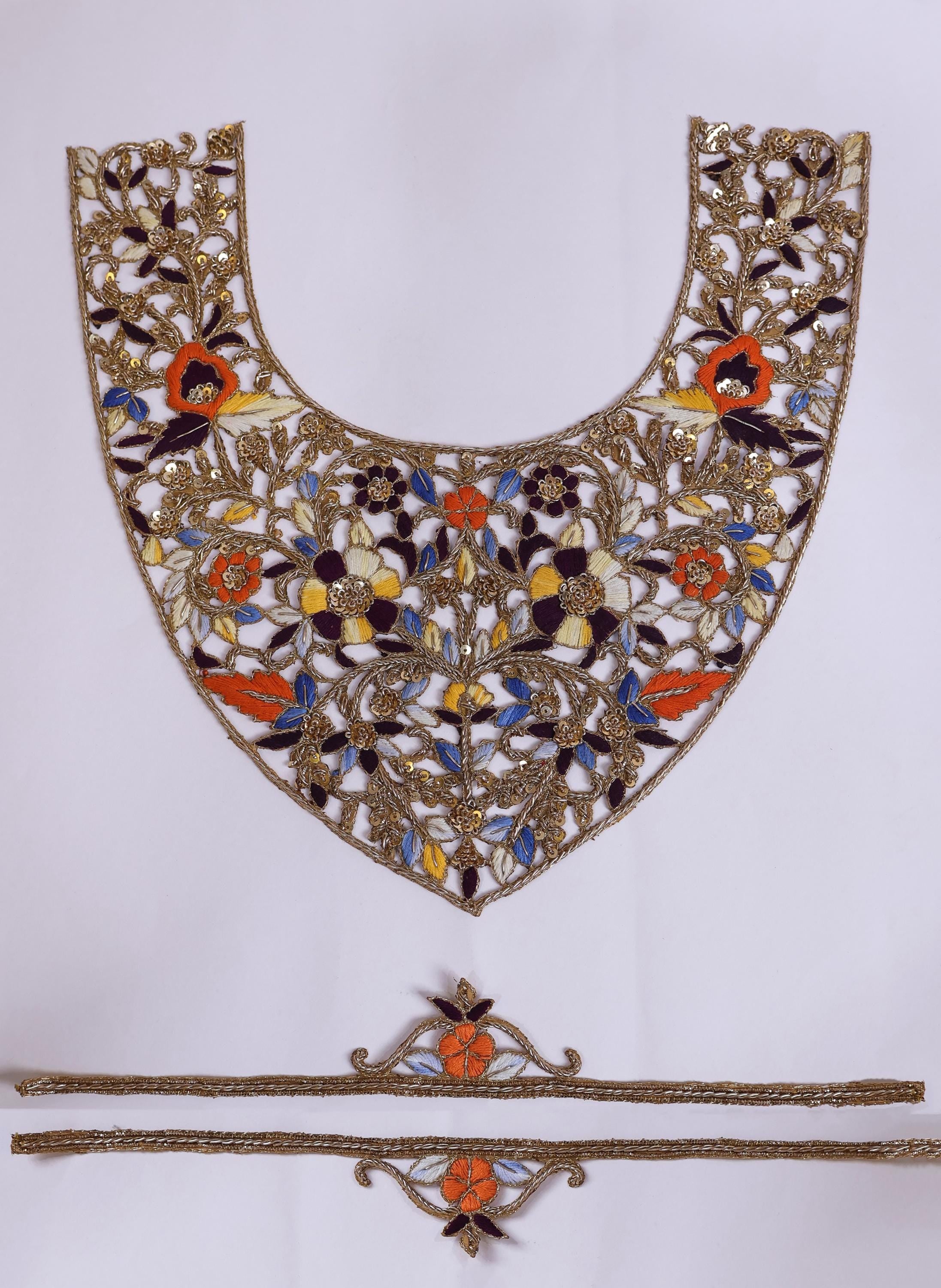 Floral Zardozi Embroidered Neckline Patch with Sleeves: Antique Gold Applique