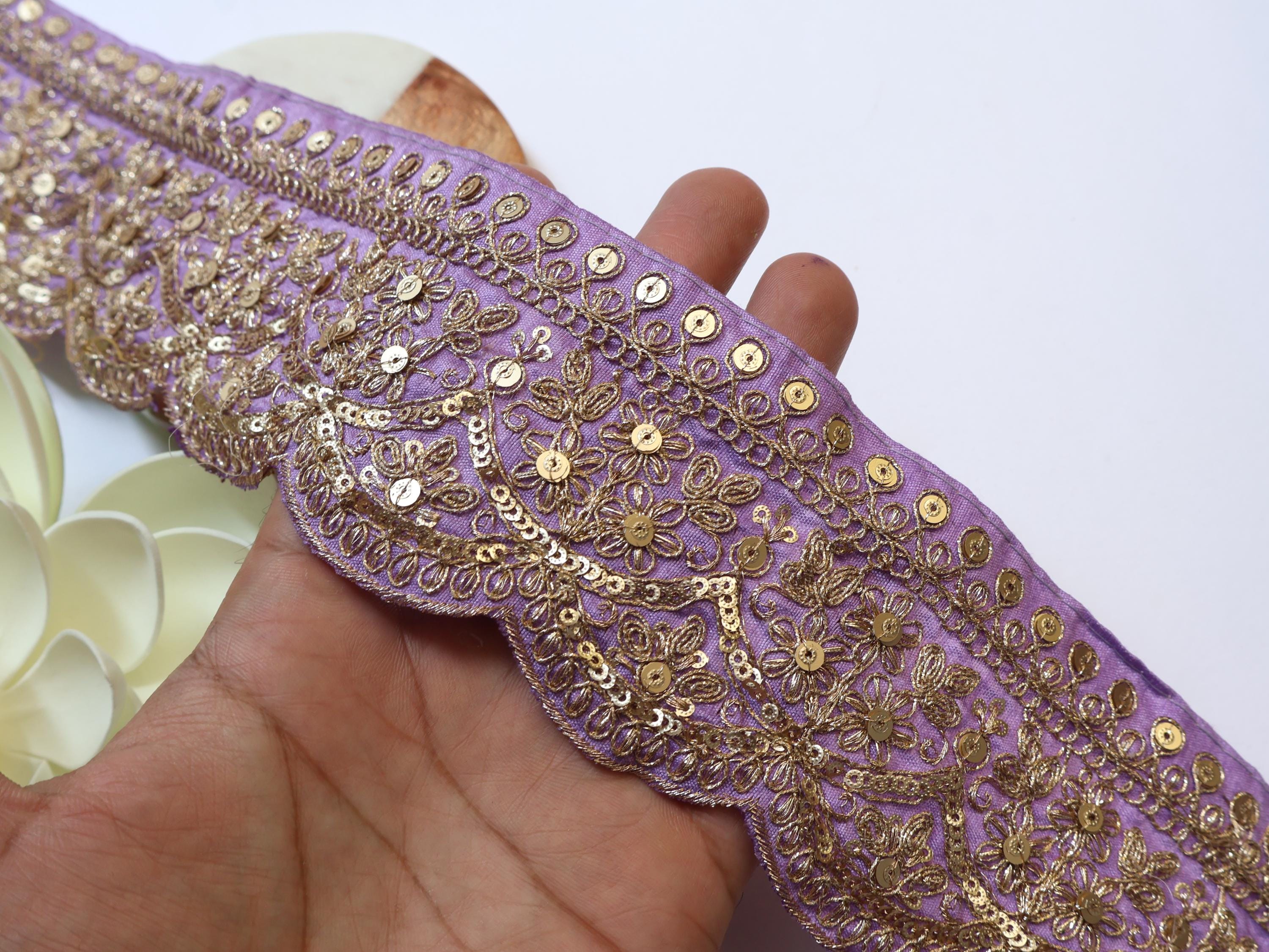 Purple & Gold Zari Embroidered Sari Lace - 9 Yards, 7cm Wide