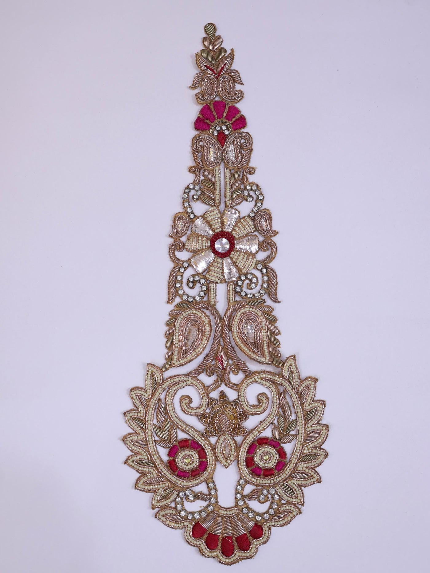 Zardozi Kalash Applique Patch: Indian Embroidered Pearl Embellishment (43x14cm)