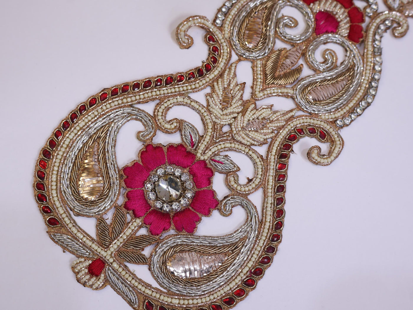 Zardozi Kalash Applique Patch: Indian Embroidered Pearl Embellishment (43x14cm)