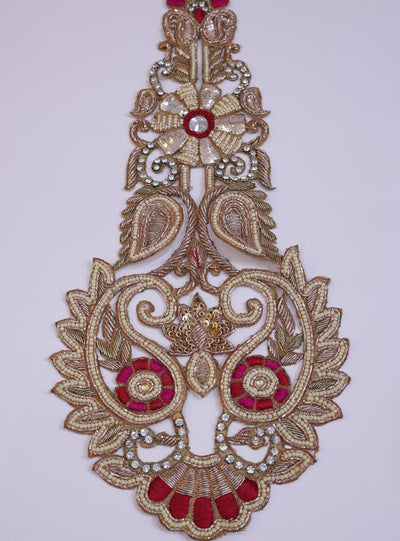 Zardozi Kalash Applique Patch: Indian Embroidered Pearl Embellishment (43x14cm)