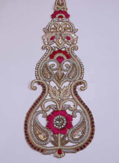Zardozi Kalash Applique Patch: Indian Embroidered Pearl Embellishment (43x14cm)