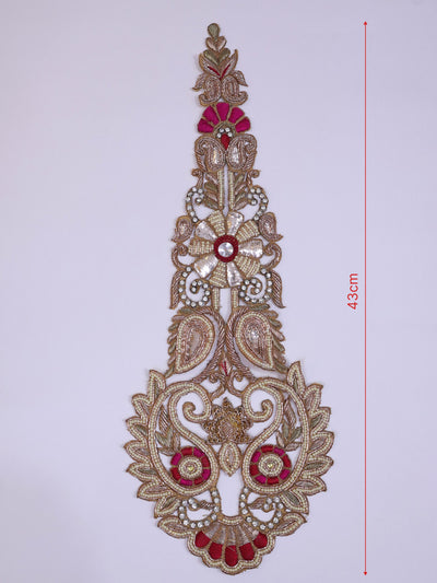 Zardozi Kalash Applique Patch: Indian Embroidered Pearl Embellishment (43x14cm)