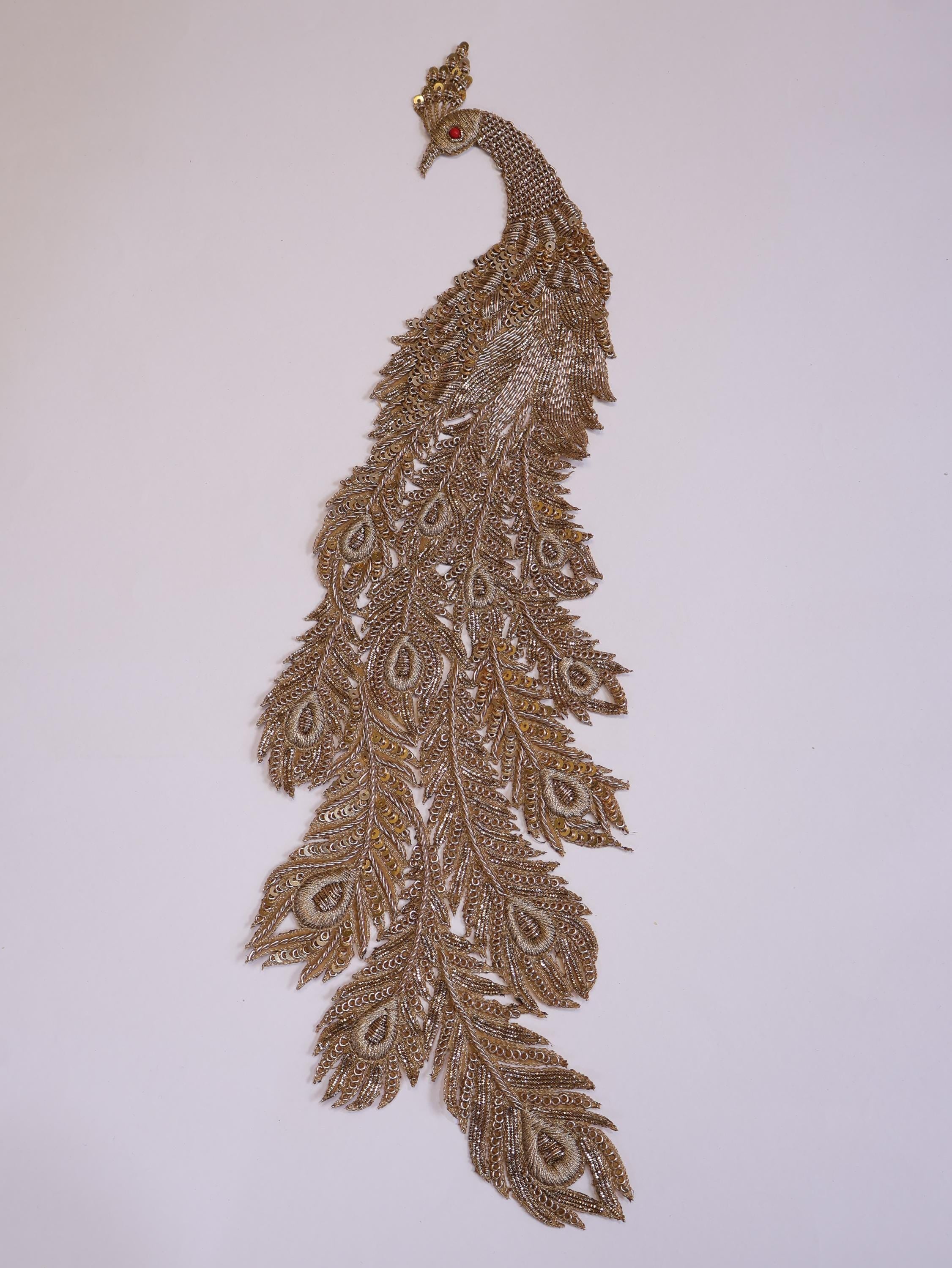 Zardozi Peacock Applique Patch: Antique Gold Indian Embroidery, 43cm