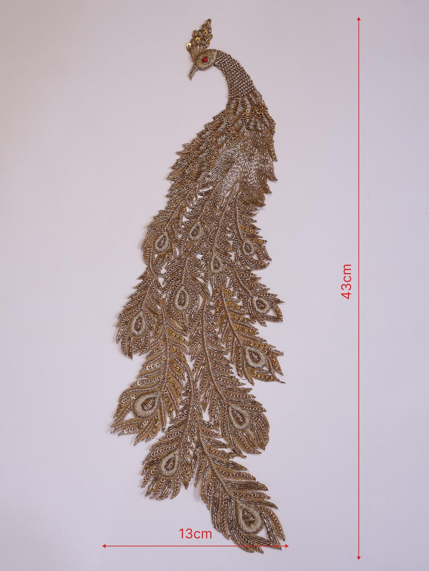 Zardozi Peacock Applique Patch: Antique Gold Indian Embroidery, 43cm